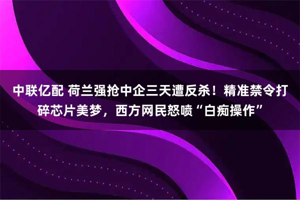 中联亿配 荷兰强抢中企三天遭反杀！精准禁令打碎芯片美梦，西方网民怒喷“白痴操作”